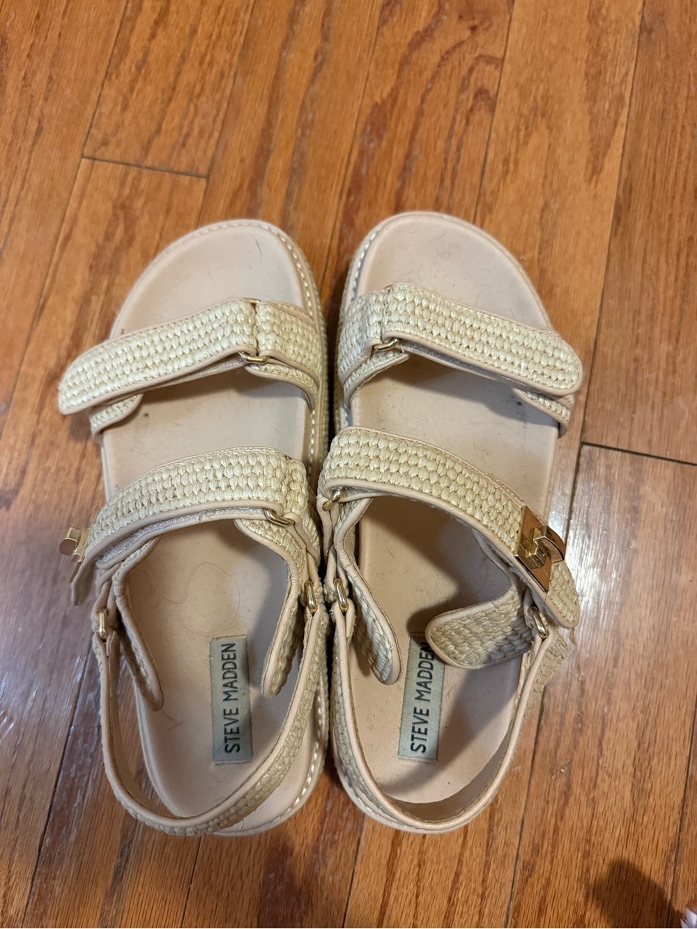 Steve Madden Beige Braided Strap Sandals with Gold Buckle
